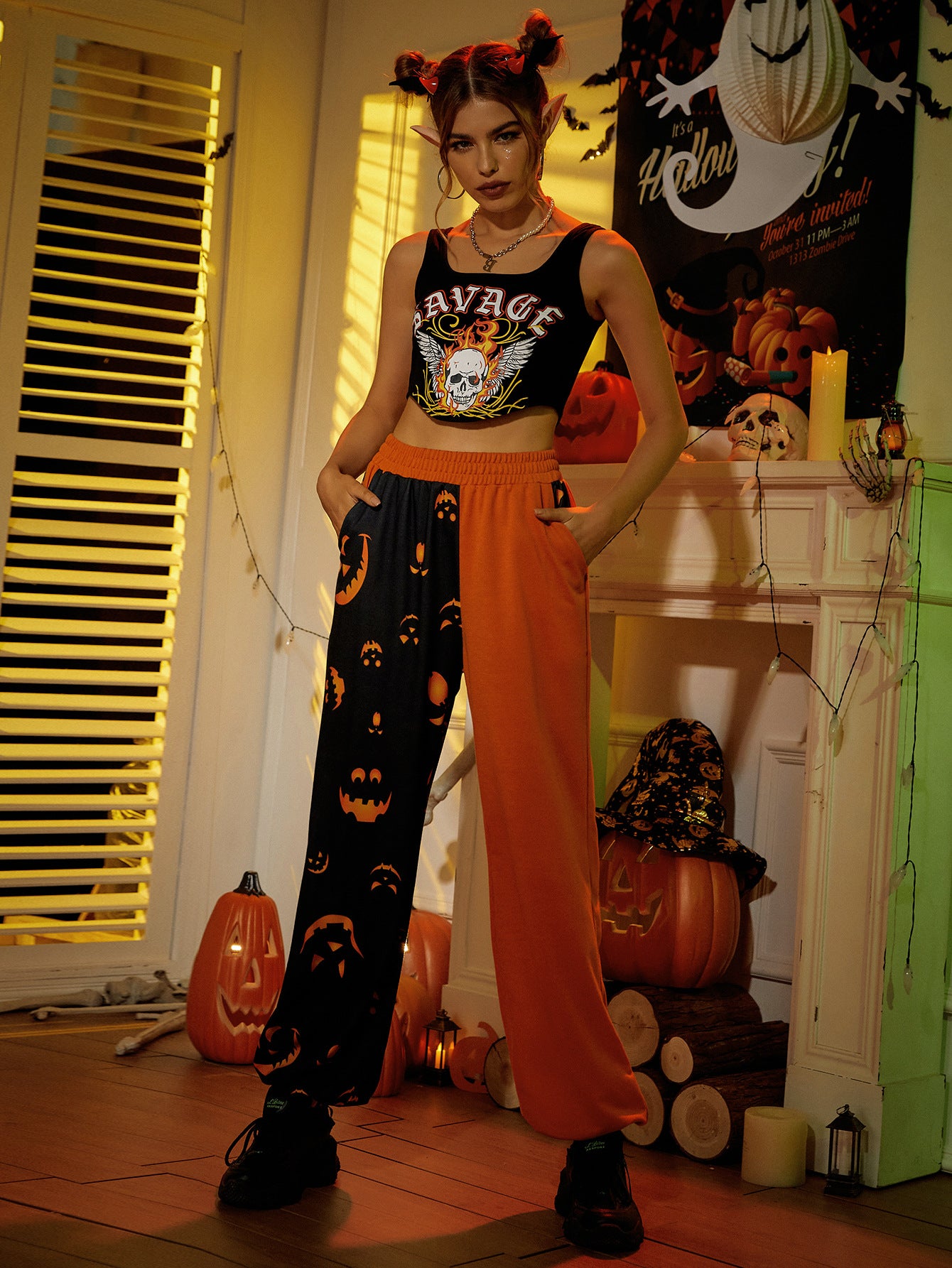 Women's Halloween Casual Patchwork Printed Skinny Pants