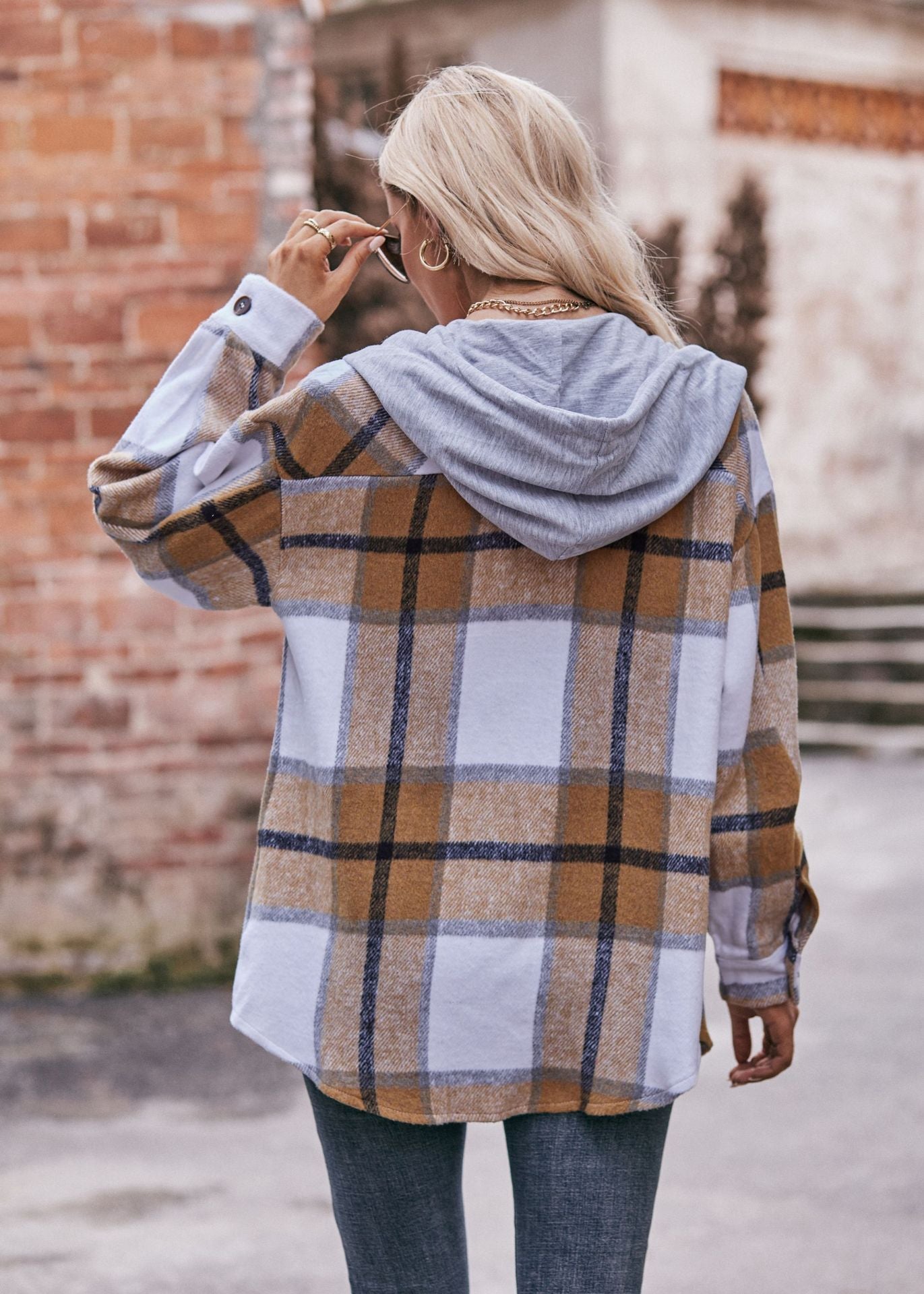 Ladies Hooded Casual Mid-length Plaid Shirt