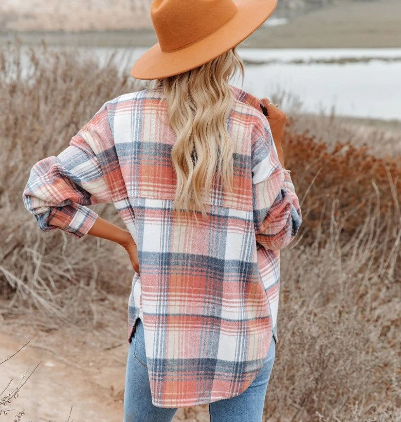 Women's Fashion Mid-length Large Pocket Plaid Shirt