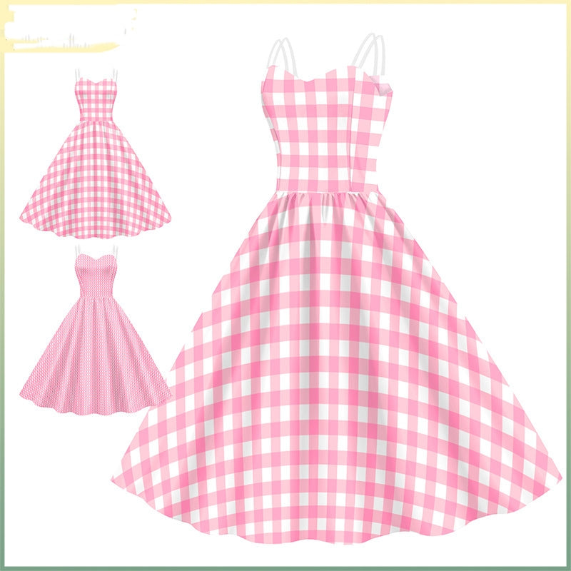 Women's Barbie Digital Print Pink Plaid Dress