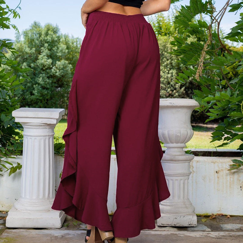 Women's Fashion Pure Color Ruffles Loose Casual Wide-leg Trousers