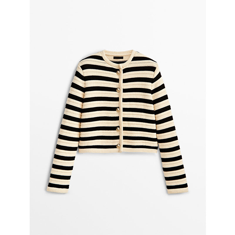 Buckle Striped Classic Style Knitted Cardigan Sweater Short Coat