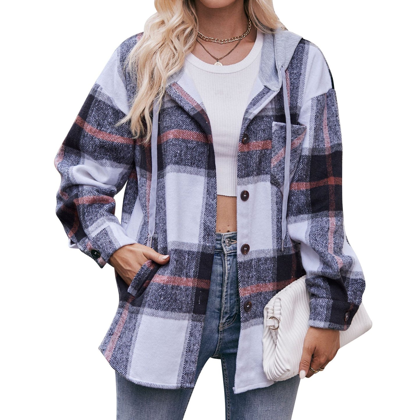 Ladies Hooded Casual Mid-length Plaid Shirt