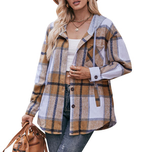 Ladies Hooded Casual Mid-length Plaid Shirt