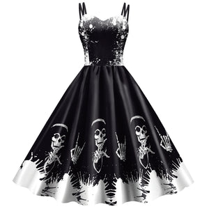 Halloween New Style Skirt Strap Skeleton Skull Head Digital Print Dress