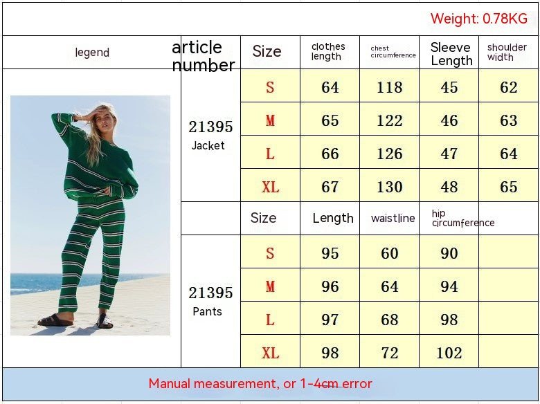 European And American Temperament Crew Neck Long Sleeve Striped Two-piece Outfit Set