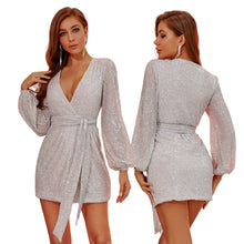 Laden Sie das Bild in den Galerie-Viewer, Sequined V-neck Long Sleeve Tied Dress