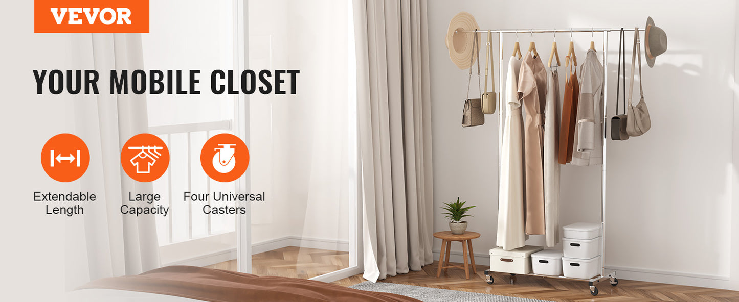 VEVOR Clothing Garment Rack Heavy Duty Clothes Rack Adjustable Length Clothes Rack w/ Bottom Shelf & Wheels for Laundry Room