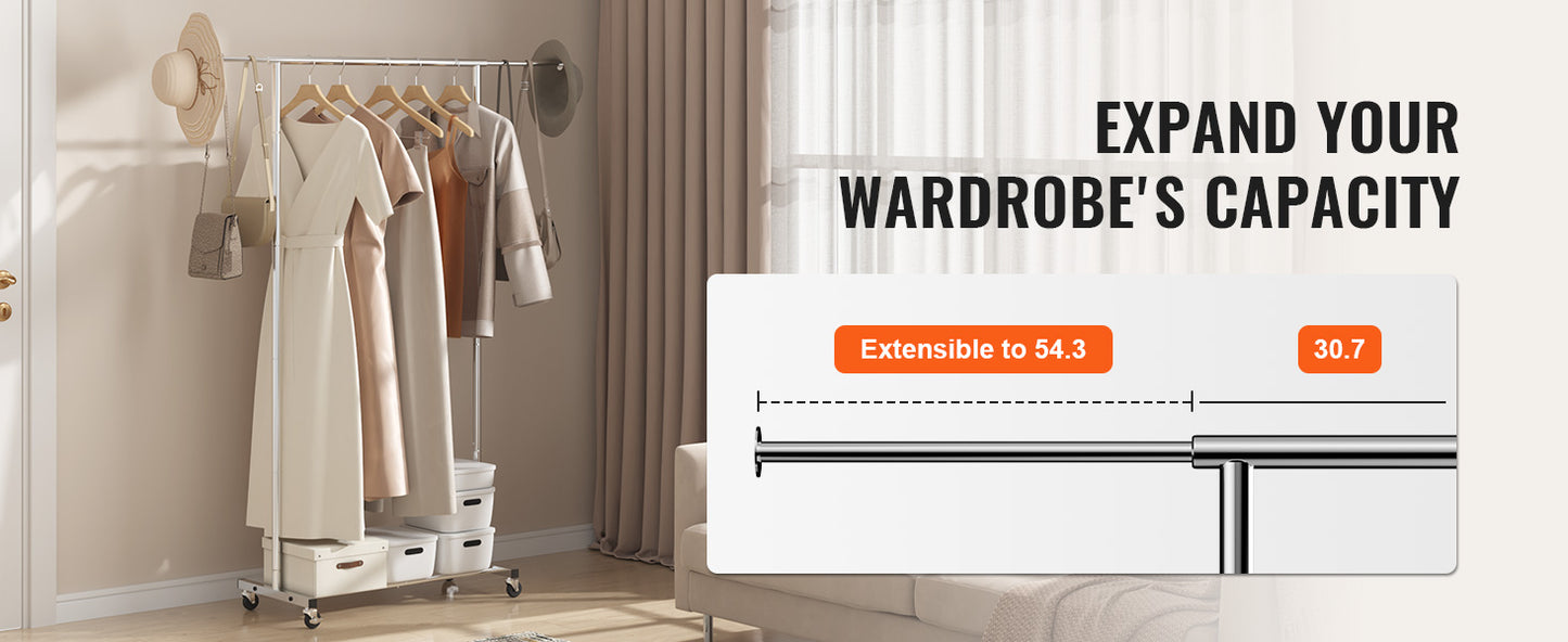 VEVOR Clothing Garment Rack Heavy Duty Clothes Rack Adjustable Length Clothes Rack w/ Bottom Shelf & Wheels for Laundry Room