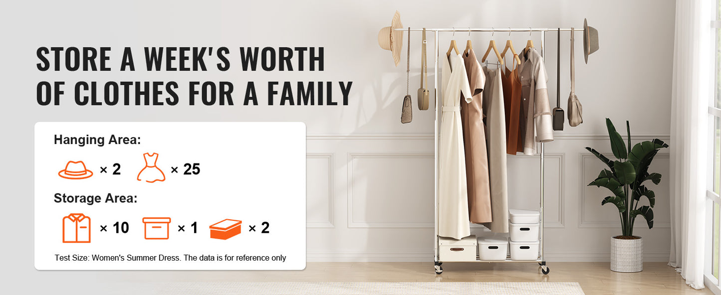VEVOR Clothing Garment Rack Heavy Duty Clothes Rack Adjustable Length Clothes Rack w/ Bottom Shelf & Wheels for Laundry Room
