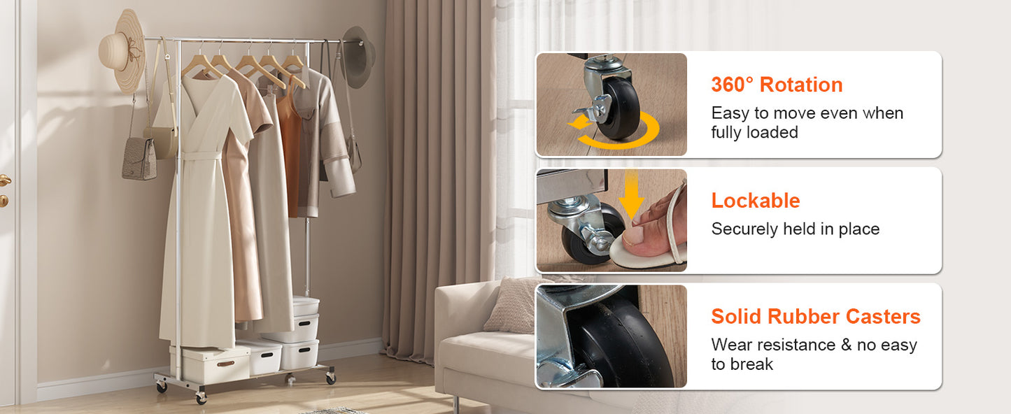 VEVOR Clothing Garment Rack Heavy Duty Clothes Rack Adjustable Length Clothes Rack w/ Bottom Shelf & Wheels for Laundry Room