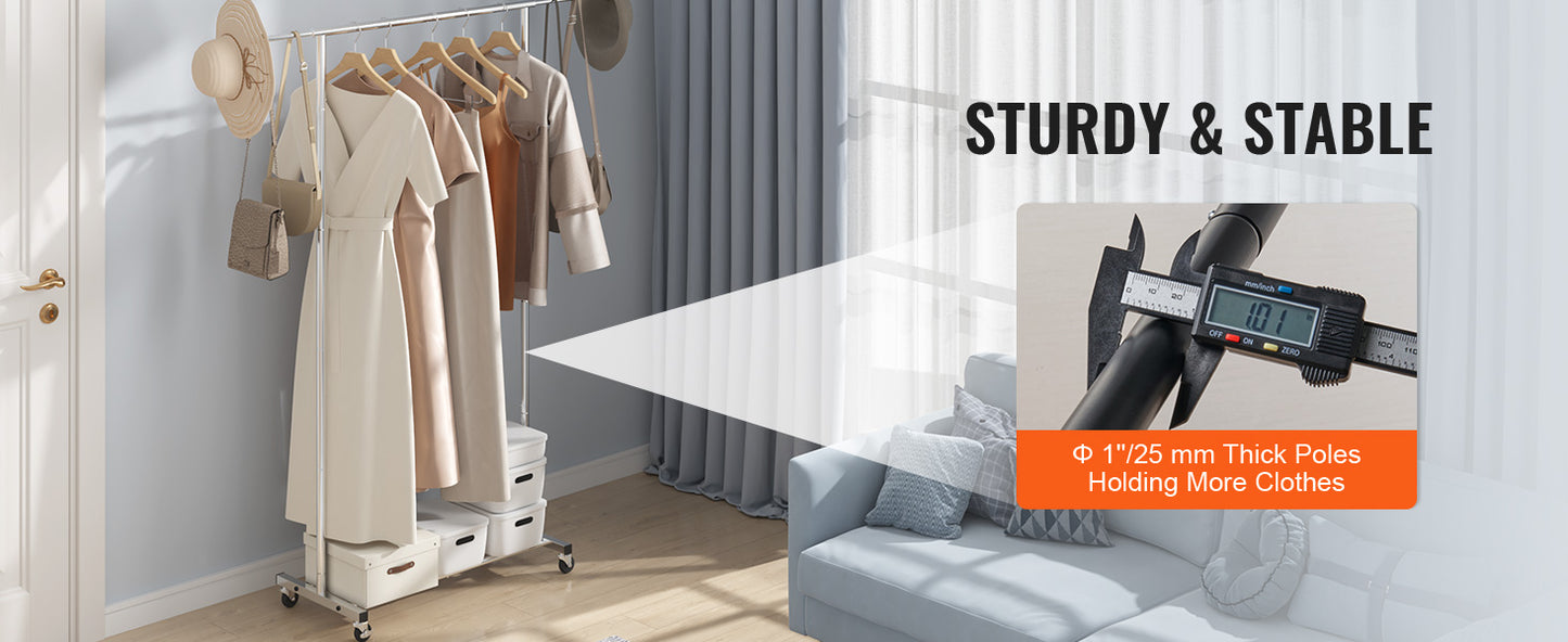 VEVOR Clothing Garment Rack Heavy Duty Clothes Rack Adjustable Length Clothes Rack w/ Bottom Shelf & Wheels for Laundry Room